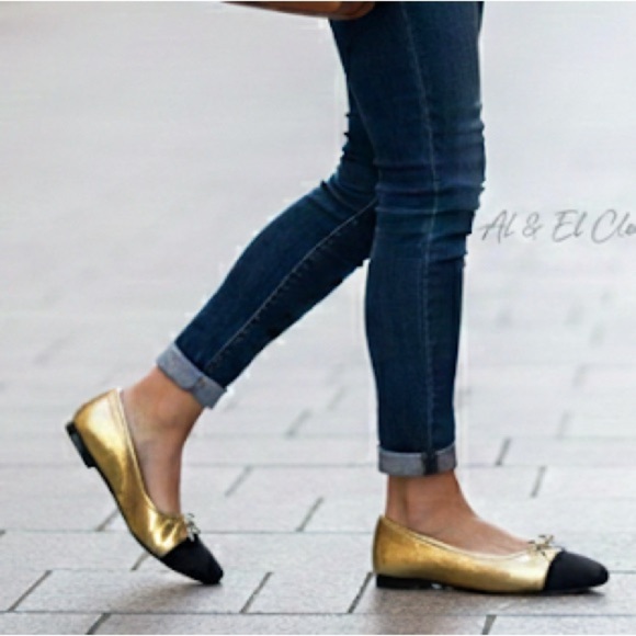 Sam Edelman Shoes - Sam Edelman Marley Gold Black Cap Toe Ballet Flats Women’s Size 9.5M Leather NIB